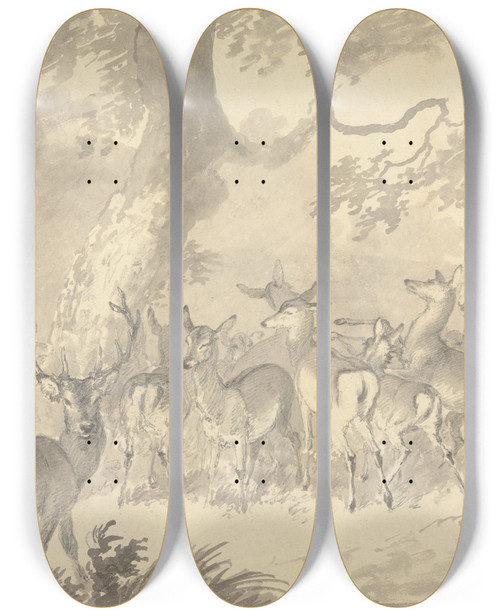 Triptych art skateboard deck of Robert Hills Study Of A Deer Stag In Foreground With A Group Of Does And Fawns Under A Tree by Robert Hills (1769-1844)