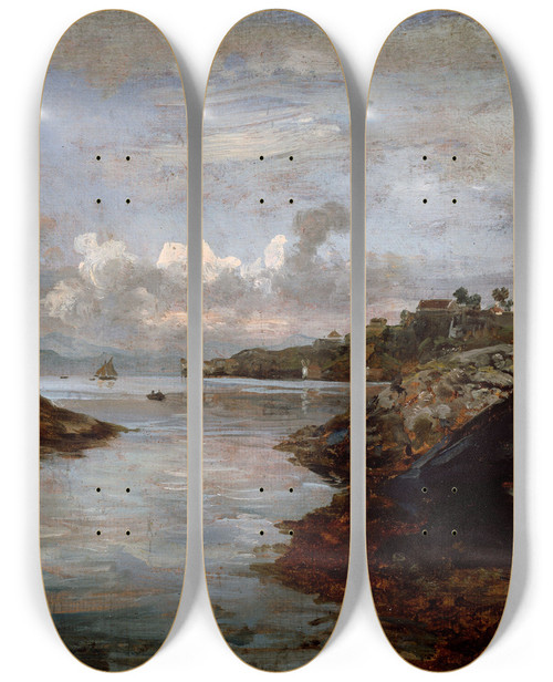 Triptych art skateboard deck of Johan Christian Dahl Fredriksberg Fortifications On Nordnes In Bergen by Johan Christian Dahl (1788-1857)