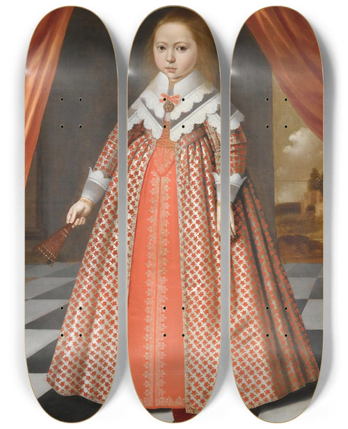 Triptych art skateboard deck of Dutch School A Portrait Of A Young Girl By A Draped Red Curtain A Landscape Beyond by Dutch School