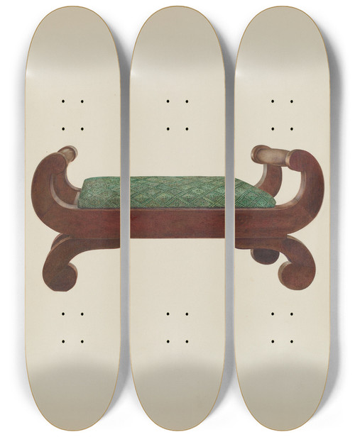 Triptych art skateboard deck of Magnus S Fossum Foot Stool Mahogany With Horse Hair Covering by Magnus S Fossum