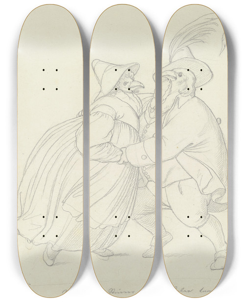 Triptych art skateboard deck of Eduard Von Steinle Zwei Kapaune Als Steyerisches Bauernpaar Tanzend by Eduard Von Steinle (1810-1886)