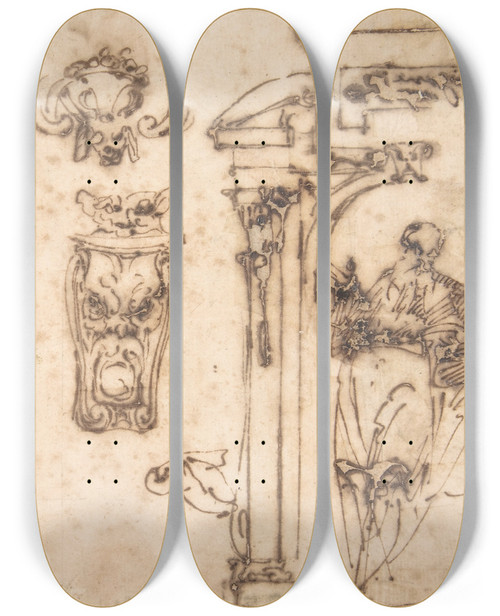 Triptych art skateboard deck of School Of Michelangelo Buonarroti A Figure And Some Architectural Details by School Of Michelangelo Buonarroti (1475-1564)