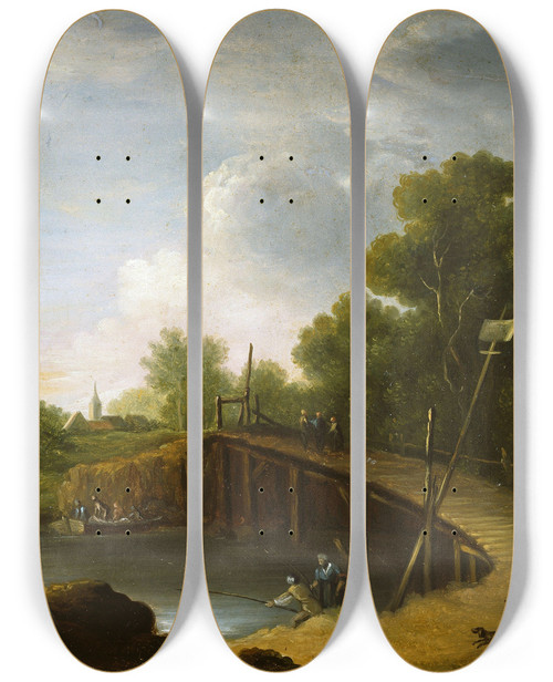 Triptych art skateboard deck of Frederik Petersen Landscape With A Bridge by Frederik Petersen (1759-1825)