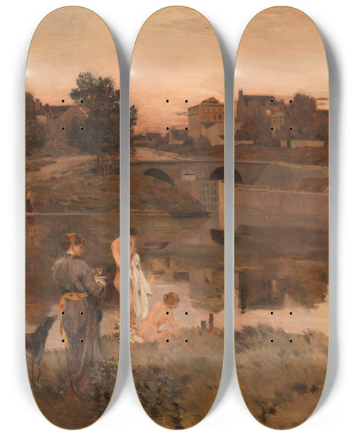 Triptych art skateboard deck of Jean Charles Cazin Evening In Auvers by Jean Charles Cazin (1840-1901)