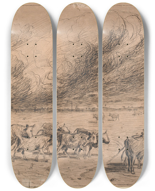 Triptych art skateboard deck of Theodor Philipsen En Flok Tyregale Ker P Saltholm by Theodor Philipsen (1840-1920)