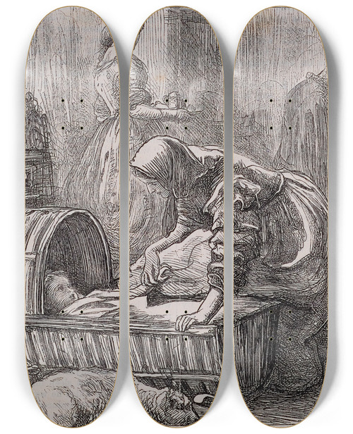 Triptych art skateboard deck of Sir John Everett Millais The Anglers Of The Dove Farmer Chells Kitchen by Sir John Everett Millais (1829-1896)