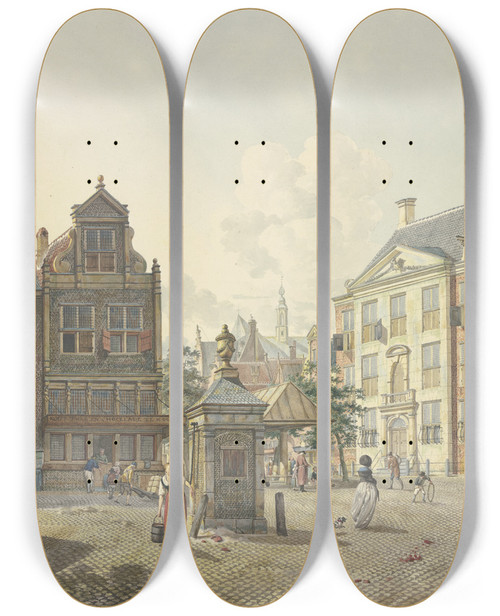 Triptych art skateboard deck of Johannes Huibert Prins Auf Einem Freien Platz Ein Brunnenhaus Dabei Eine Magd In Rotem Rock Und Mit Einem Eimer by Johannes Huibert Prins (1757-1806)
