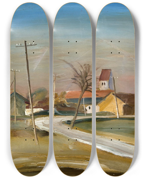 Triptych art skateboard deck of Georg Hilz Dorfstrae Mit Telefonmasten Nach Willing Bei Bad Aibling by Georg Hilz (1881-1949)