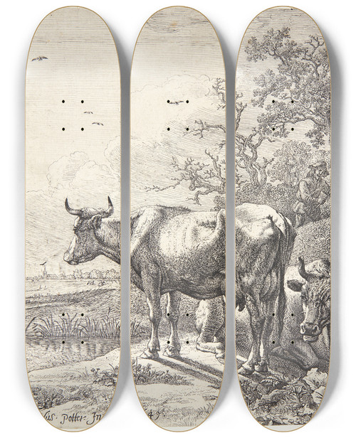 Triptych art skateboard deck of Paulus Potter Kohyrden_2 by Paulus Potter (1625-1654)