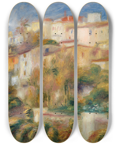 Triptych art skateboard deck of Pierreauguste Renoir Houses On A Hill Groupe De Maisons Sur Un Coteau by Pierre-Auguste Renoir (1841-1919)
