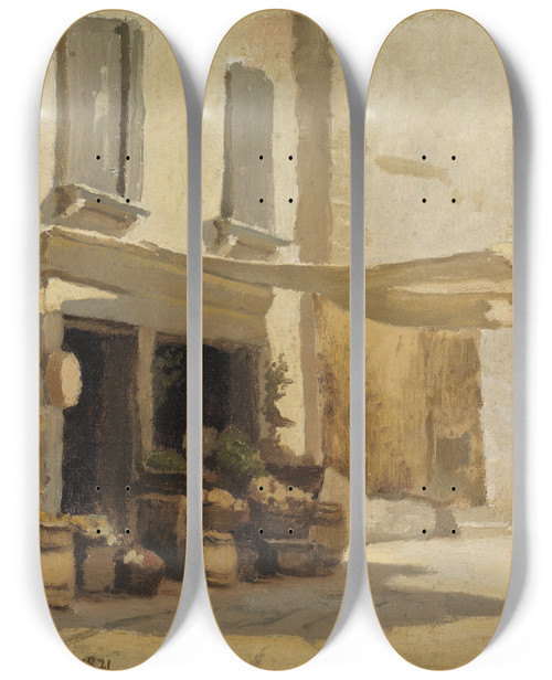 Triptych art skateboard deck of Gustav Schnleber Obstbude In Venedig by Gustav Schonleber (1851-1917)