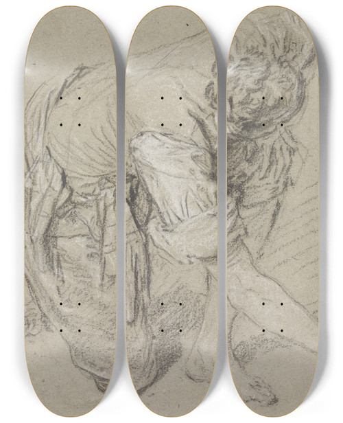 Triptych art skateboard deck of Nicolas Lancret Auf Allen Vieren Am Boden Hockender Mann Mit Kken Spielender Bursche_1 by Nicolas Lancret (1690-1743)