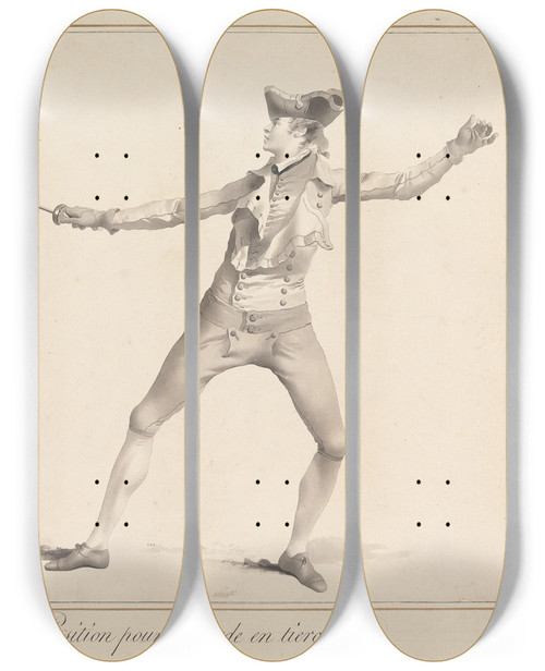Triptych art skateboard deck of James Gwin Position Pour La Garde En Tierce by James Gwin (1720-1769)