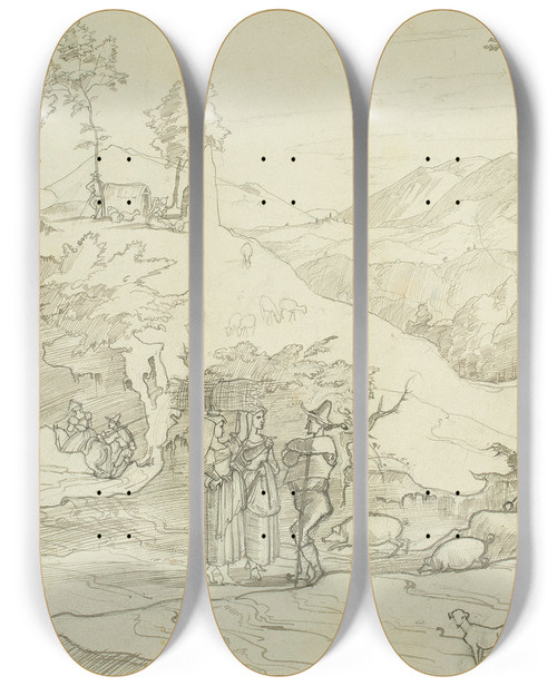Triptych art skateboard deck of Franz Theobald Horny Landscape Near Olevano by Franz Theobald Horny (1798-1824)