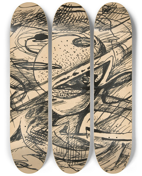 Triptych art skateboard deck of Rudolf Bauer Untitled Abstractforms_2 by Rudolf Bauer (1889-1953)
