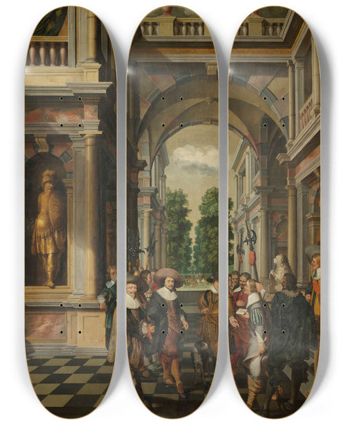 Triptych art skateboard deck of Dirck Van Delen A Sevenpart Decorative Sequence A Gallery by Dirck Van Delen (1604-1671)