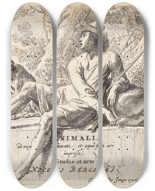 Triptych art skateboard deck of Nicolaes Pietersz Berchem Frehyrde Siddende P En Sten Titelblad Til Forskellige Dyr by Nicolaes Pietersz Berchem (1620-1683)