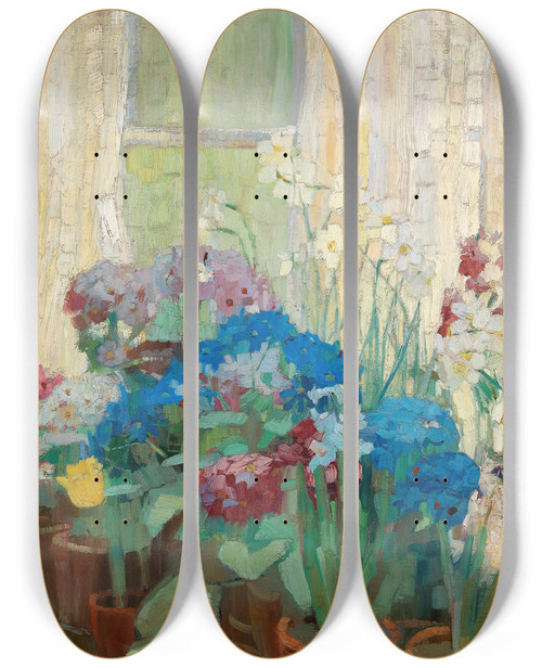 Triptych art skateboard deck of Caroline Kubin Flowers by Caroline Kubin (1870-1945)