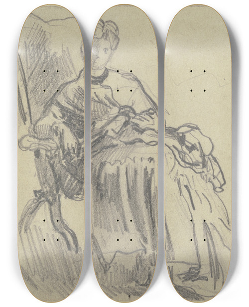 Triptych art skateboard deck of Philipp Rumpf Frau Im Lehnstuhl Zurckgelehnt by Philipp Rumpf (1821-1896)