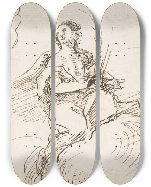 Triptych art skateboard deck of Pedro Duque Y Cornejo Angel With Palm Seated On Clouds by Pedro Duque Y Cornejo (1677-1757)