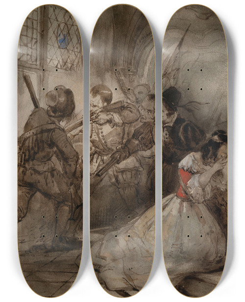 Triptych art skateboard deck of Jan August Hendrik Leys The Spanish Fury At Antwerp by Jan August Hendrik Leys (1815-1869)