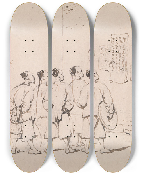 Triptych art skateboard deck of George Chinnery Chinese Coolies Reading A Proclamation by George Chinnery (1774-1852)