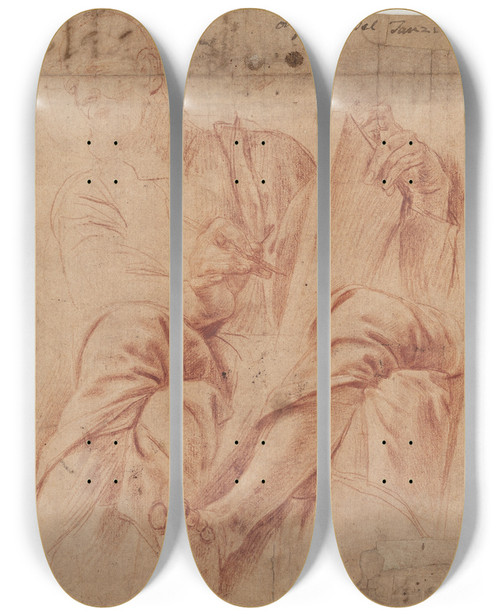 Triptych art skateboard deck of Tanzio Da Varallo Studie Af Apostlen Markus Skrivende Samt Detailstudie Af Hnden Der Holder Bogen by Tanzio da Varallo (1575-1635)