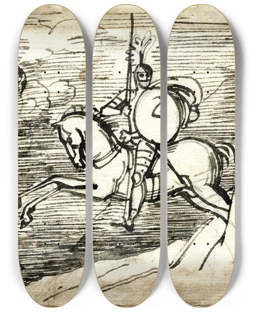 Triptych art skateboard deck of David Humbert De Superville Gewapende Ridder Te Paard Spookachtig Hoofd In Een Wolk by David Humbert De Superville (1770-1849)