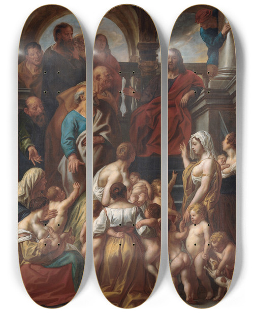 Triptych art skateboard deck of Jacob Jordaens Christ Blessing Little Children Suffer Little Children To Come Unto Me by Jacob Jordaens (1593-1678)