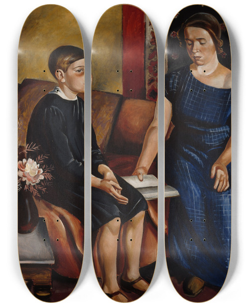 Triptych art skateboard deck of Yrj Ollila Hearing The Homework by Yrjo Ollila (1887-1932)