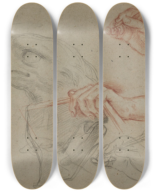 Triptych art skateboard deck of Carlo Maratti Study For An Eagles Head Three Studies For A Hand With A Quilland One Study For A Hand Holding A Book by Carlo Maratti (1625-1713)