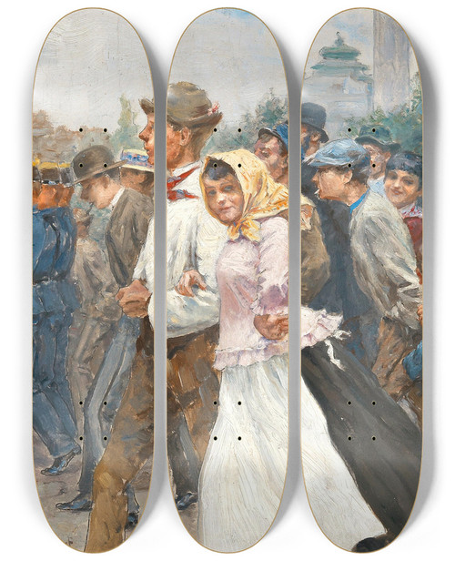 Triptych art skateboard deck of Josef Engelhart A Parade Before The Church Of St Charles by Josef Engelhart (1864-1941)