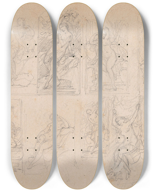 Triptych art skateboard deck of Nicaise De Keyser Eight Studies Of Nude Woman by Nicaise De Keyser (1813-1887)