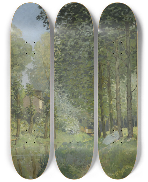 Triptych art skateboard deck of Alfred Sisley Rest Along The Stream Edge Of The Wood by Alfred Sisley (1840-1899)