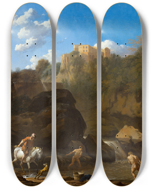 Triptych art skateboard deck of Karel Dujardin The Waterfalls At Tivoli by Karel Dujardin (1622-1678)