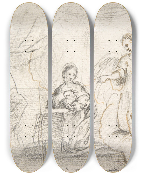 Triptych art skateboard deck of Pedro Duque Y Cornejo The Annunciation Angel Approaching From The Right by Pedro Duque Y Cornejo (1677-1757)
