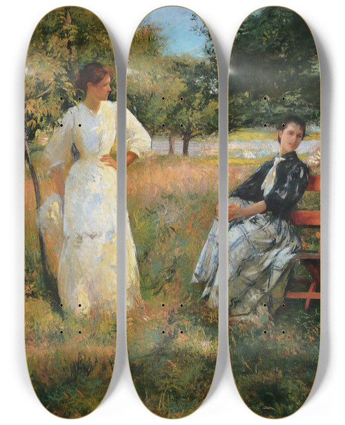 Triptych art skateboard deck of Edmund Charles Tarbell In The Orchard by Edmund Charles Tarbell (1862-1938)