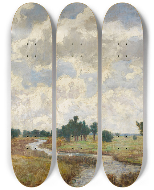 Triptych art skateboard deck of Paul Baum Sonnigwolkiger Himmel Ber Moorigen Wiesen Mit Bachlauf by Paul Baum (1859-1932)