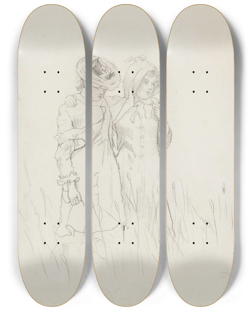 Triptych art skateboard deck of Winslow Homer Two Girls In A Field by Winslow Homer (1836-1910)