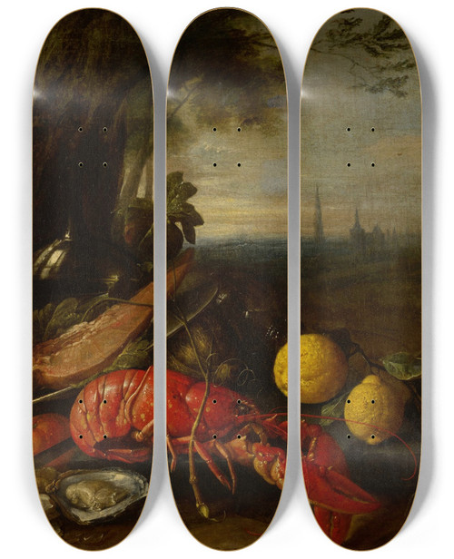 Triptych art skateboard deck of Cornelis De Heem Still Life Of Alobster Oysters And Lemons Beneath A Tree With A View Of Brussels Beyond by Cornelis de Heem (1631-1695)