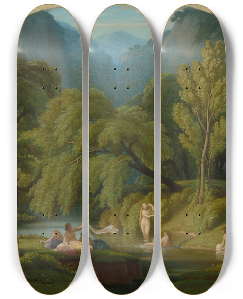 Triptych art skateboard deck of Thodore Caruelle Daligny The Bathers Souvenir Of The Banks Of The Anio River At Tivoli_2 by Thodore Caruelle d'Aligny (1798-1871)
