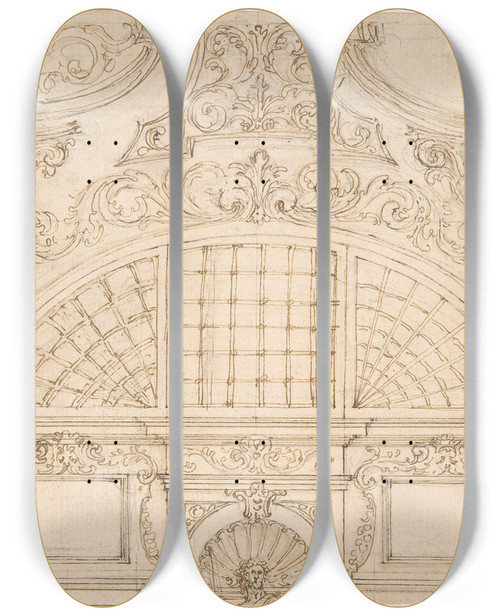 Triptych art skateboard deck of Giovanni Battista Foggini Design For The Upper Half Of A Wall Elevation With A Semicircular Window by Giovanni Battista Foggini (1652-1725)