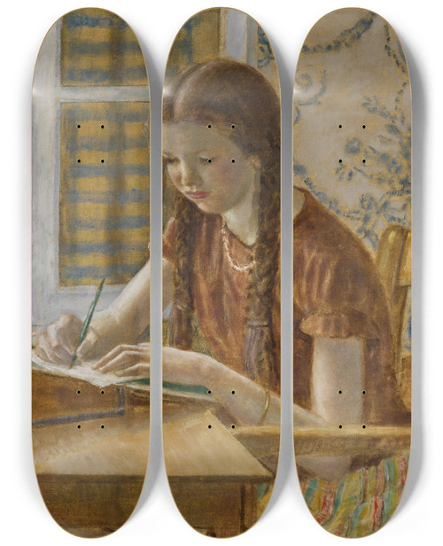 Triptych art skateboard deck of Frederick Carl Frieseke Girl At Writing Desk by Frederick Carl Frieseke (1874-1939)