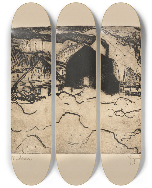Triptych art skateboard deck of Ernst Ludwig Kirchner Sandbagger An Der Elbe by Ernst Ludwig Kirchner (1880-1938)
