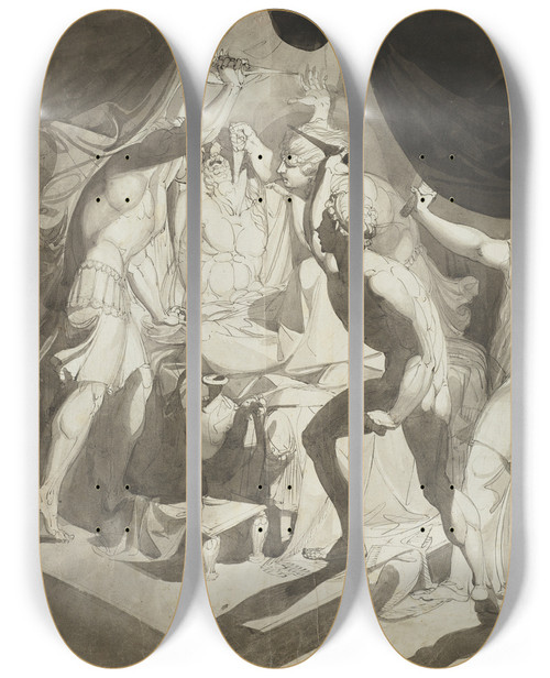 Triptych art skateboard deck of Henry Fuseli An Old Man Murdered By Three Younger Men by Henry Fuseli (1741-1825)