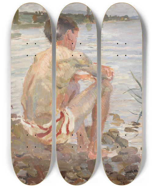 Triptych art skateboard deck of Christian Landenberger Badender Knabe Dingelsdorf by Christian Landenberger (1862-1927)