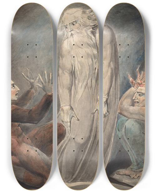Triptych art skateboard deck of William Blake The Ghost Of Samuel Appearing To Saul by William Blake (1757-1827)