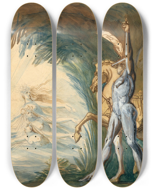 Triptych art skateboard deck of Henry Fuseli Hagen And The Nymphs Of The Danube by Henry Fuseli (1741-1825)