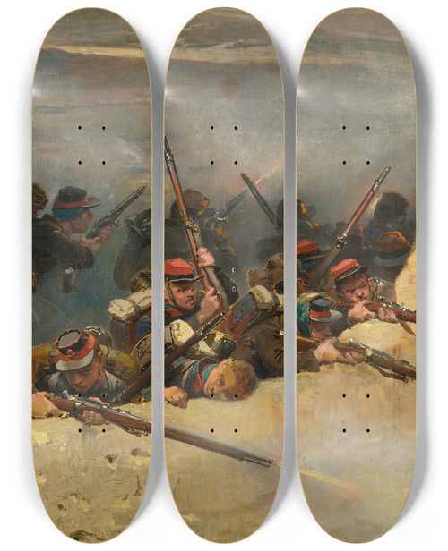 Triptych art skateboard deck of Jeanbaptiste Douard Detaille Embusqus Derrire Un Mur Fantassins De La Ligne A Fragment From The Panorama Of The Battle Of Champigny by Jean-Baptiste douard Detaille (1848-1912)