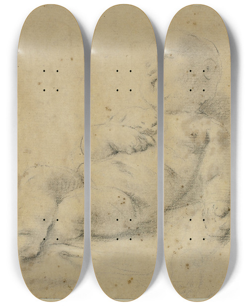Triptych art skateboard deck of Carlo Cignani Sleeping Christ Child Holding Cross by Carlo Cignani (1628-1719)